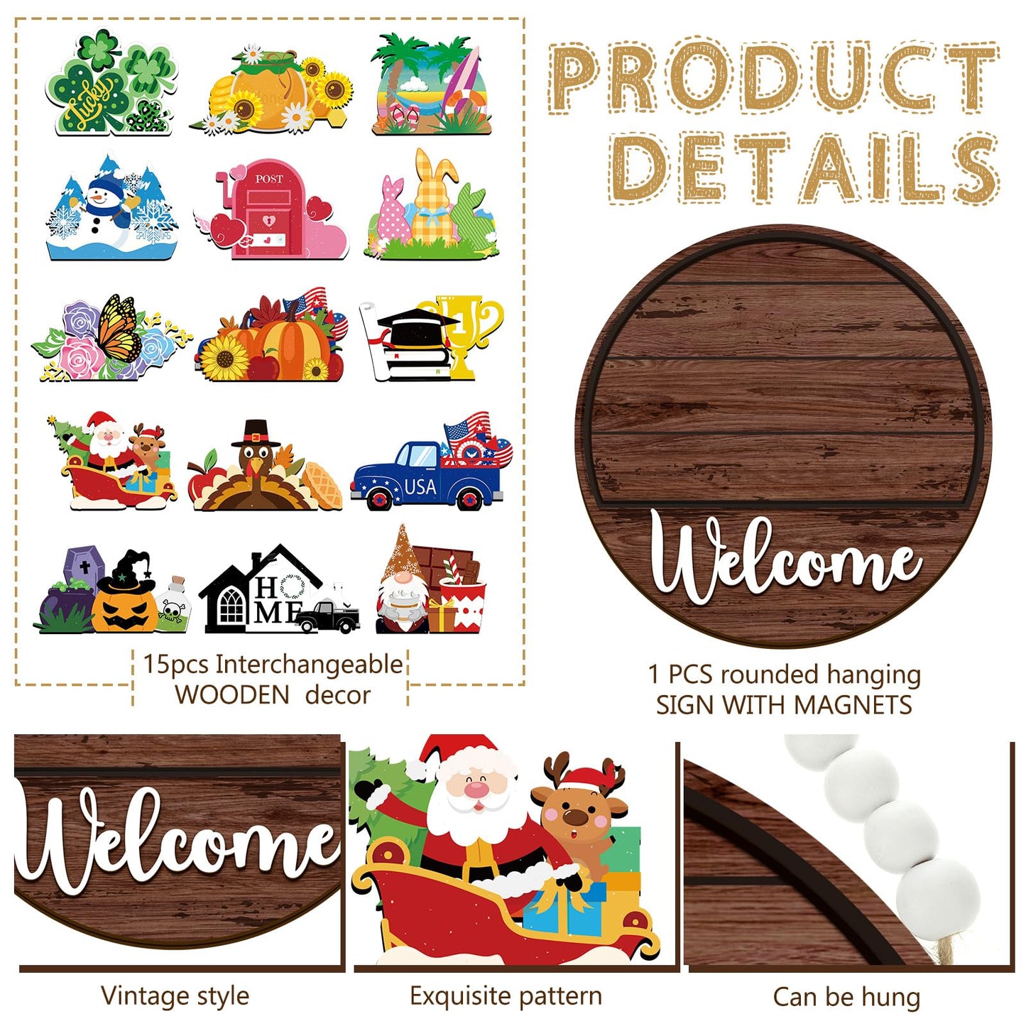 Sintuff 16 Pcs 12 Inch Magnetic Welcome Door Sign Interchangeable Front Door Wreath Decor Rustic Seasonal Hanging Sign Patriotic Summer Decor for Home Warming Gift(White Word, Brown Back)