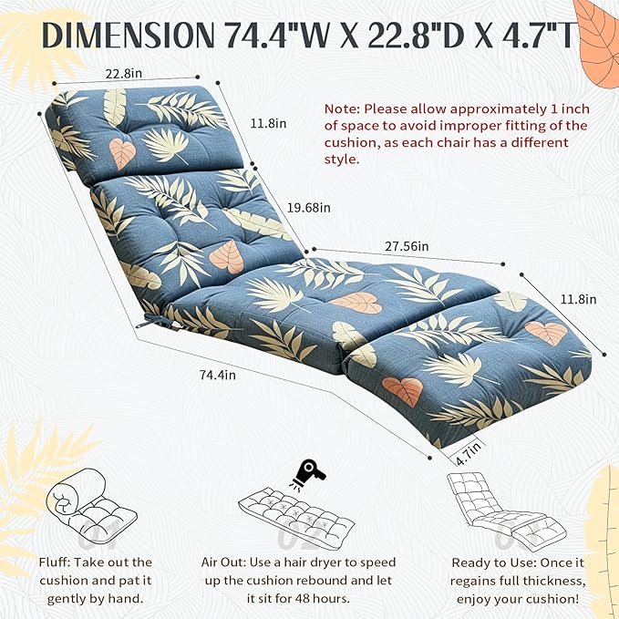 EverPine Outdoor Chaise Lounge Chair Cushion 74.4 x 22.8 x 4.7 Inch, Patio