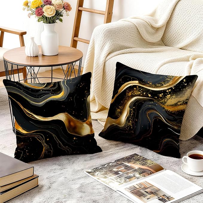 OBSEDE Abstract Black Gold Marble Decorative Throw Pillow Covers 18 × 18 in