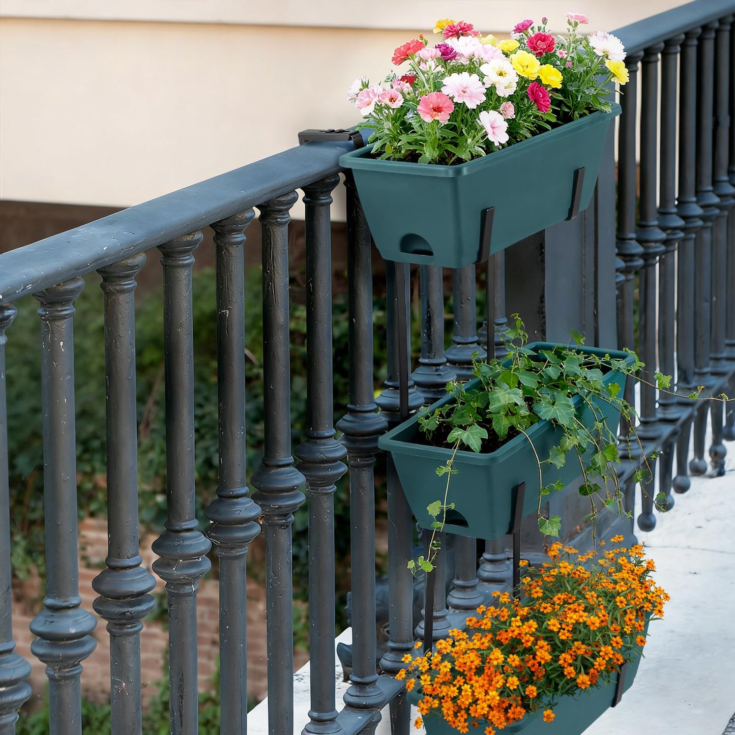 Window Boxes Planters with Adjustable Brackets Set of 2 Outdoor Fence Planters, Over the Deck Railing Planter Box with 6 Pack Hanging Plastic Flower Pots, Drainage Holes for Balcony, Patio, Green