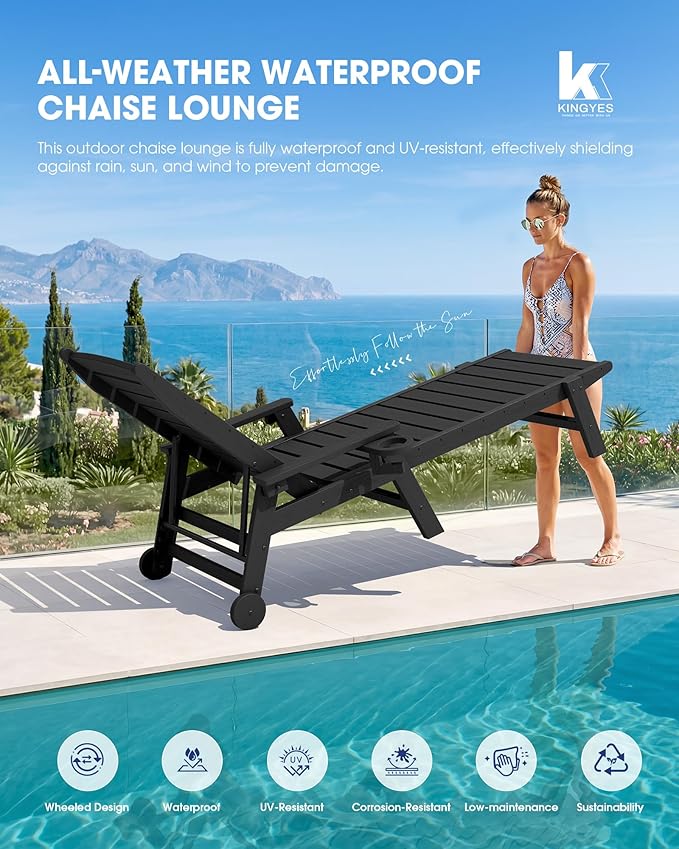 KINGYES HDPE Lounge Chair Outdoor, Patio Chaise Lounge Recliner