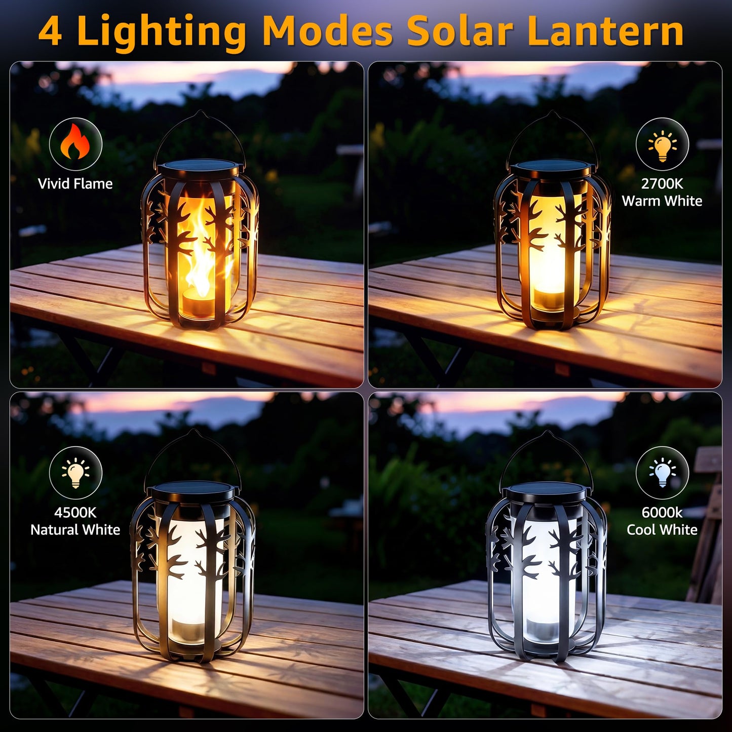 Ollny 2 Pack Solar Lanterns Outdoor Waterproof, Upgraded Flickering Flame Solar Lights Outdoor, Dual Charging (USB/Solar), 4 Modes Hanging Solar Lantern for Yard Patio Path Tree Garden Decor