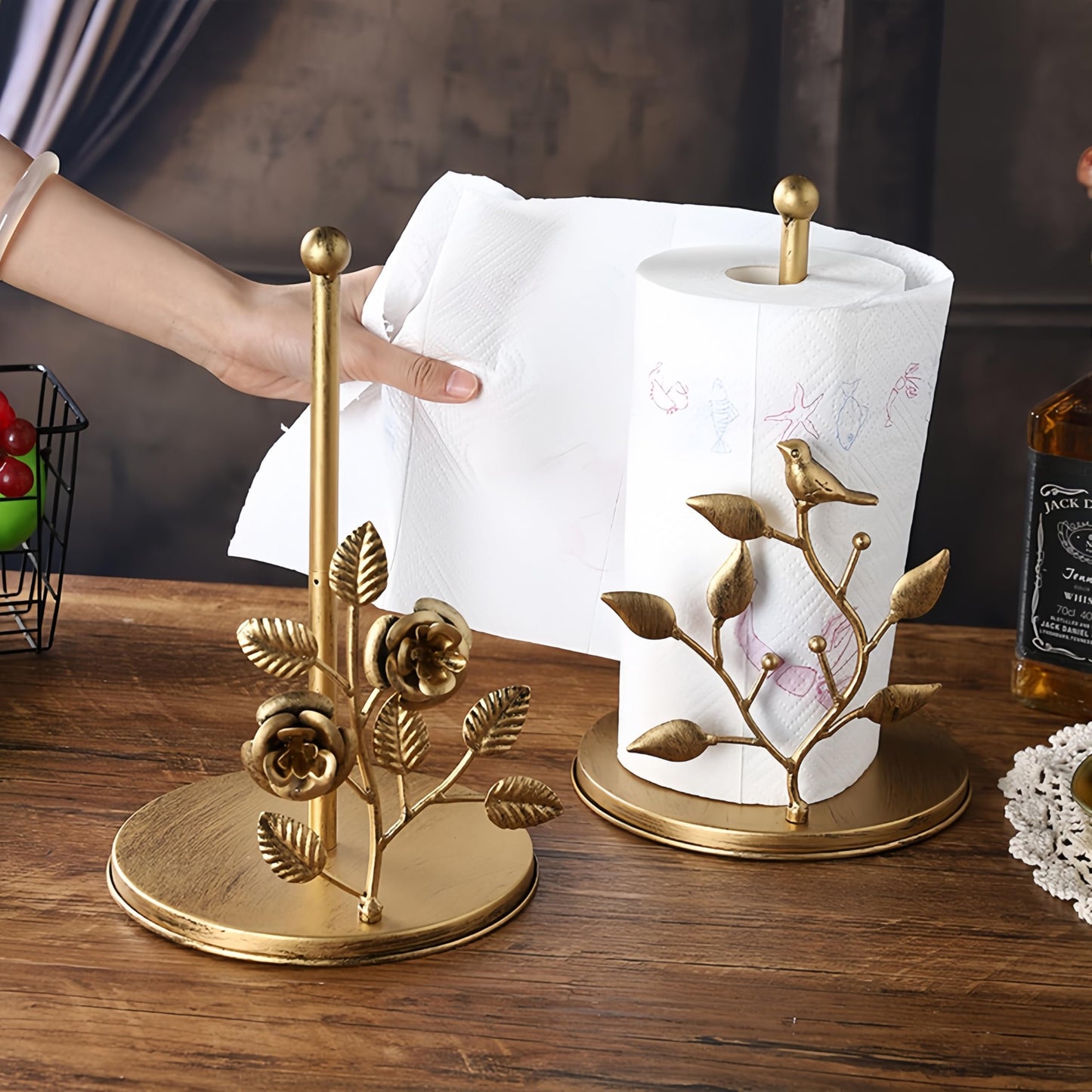 Rose Gold Paper Towel Holder Luxury Metal Kitchen Counter Decor Artistic Design Standing Tissue Dispenser for Table Dining Living Room Bar café 7x11 Inch (Gold Bird)