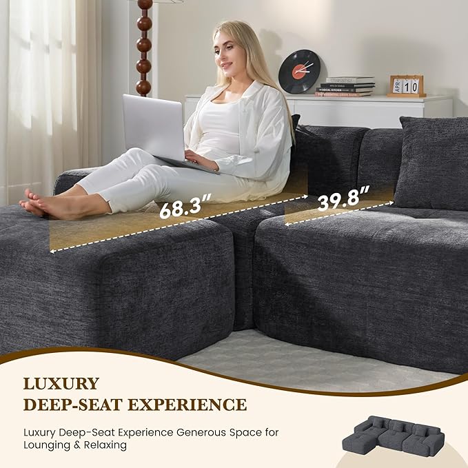 158" U Shaped Convertible Modular Couch, Cloud Couch Sectional