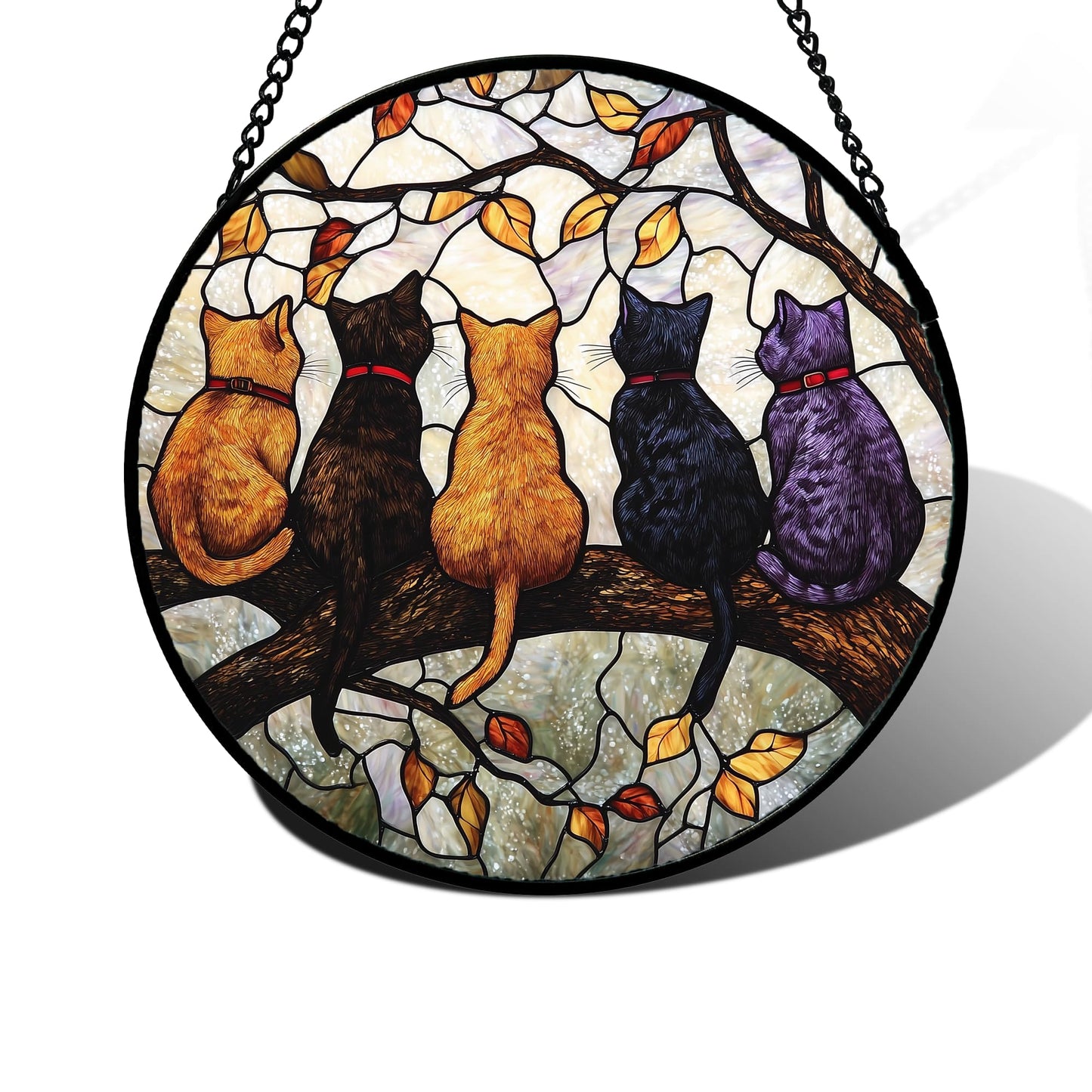 DASTOLL Stained Glass Window Hanging - 5 Cats on a Branch Suncatcher for Window Doors Home Decoration and Christmas, Mother's Day Father's Day Birthday Gifts for Women, Men, and Mom 7.8x7.8 in