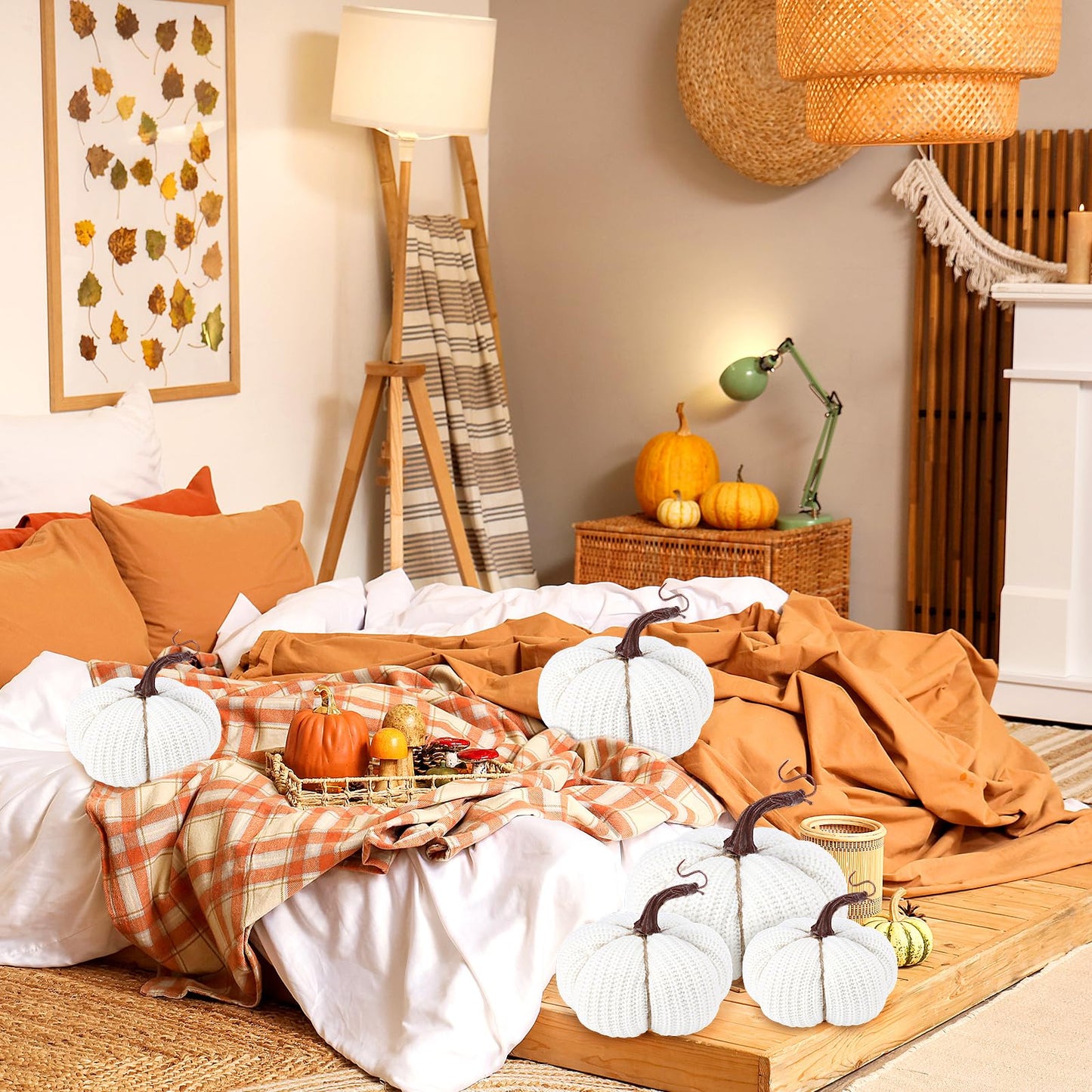 HunnmingRe 6 Pcs Thanksgiving Decor White Crochet Pumpkins Large 6 Inch Faux Fall Pumpkin Decor for Thanksgiving Farmhouse Autumn Rustic Mantel Table