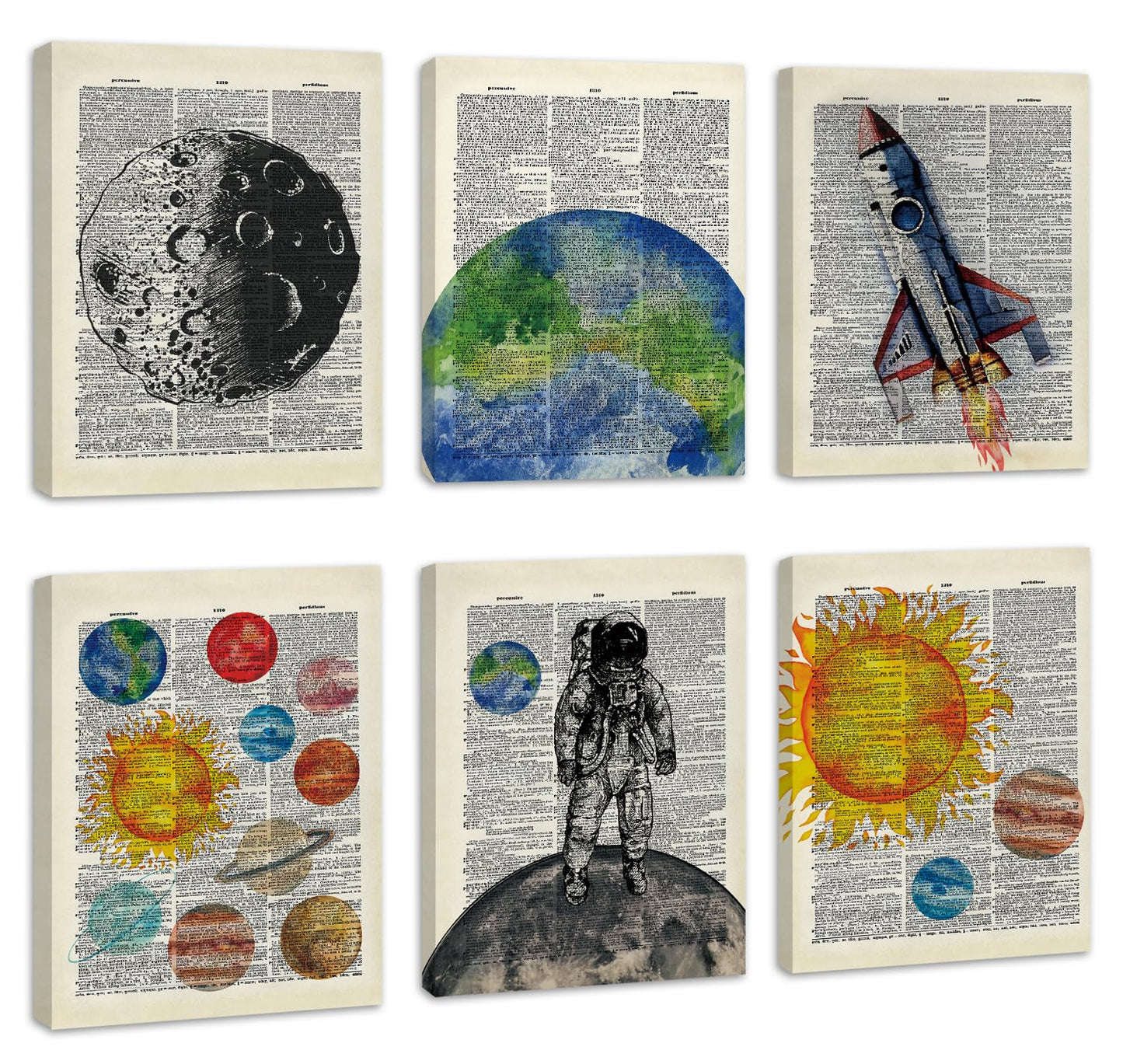 CHDITB Space Exploration Canvas Wall Art, Solar System Wall Decor, Set Of 6 Dictionary Outer Space Poster With Frame Astronaut Wall Art Universe Art Prints For Kids Room Nursery Decor (8x10 Inches)
