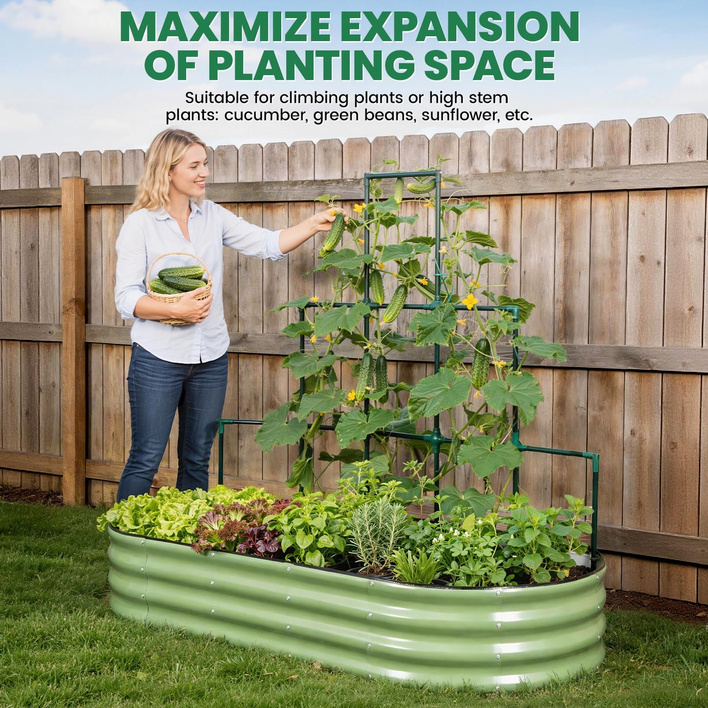 VIREO GARDEN Galvanized Raised Garden Bed with Wall Trellis | 6x3x1FT Metal Raised Garden Beds Outdoor for Gardening Climbing Plants | Planter Box Outdoor with Gloves for Vegetable Flower, OliveGreen