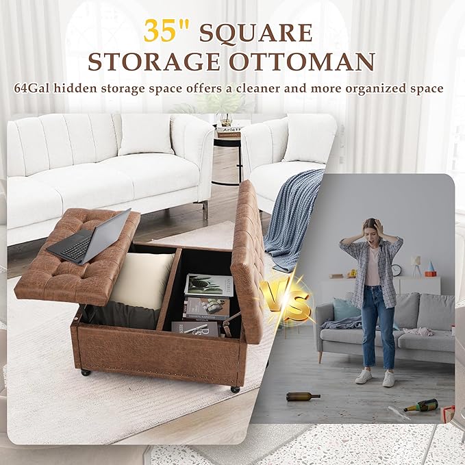 36" Large Square Ottoman with Storage, Tufted Upholstered Storage Ottoman with