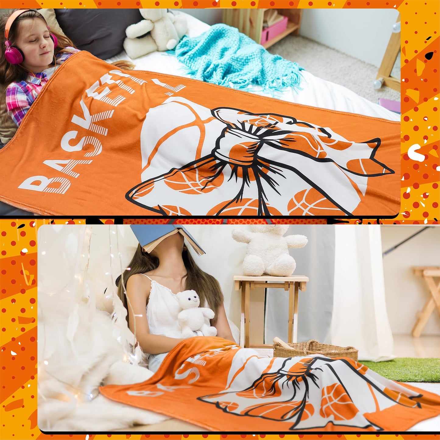 Hillsuren Orange Basketball Coquette Bow Blanket 50 x 60 Softball Sports Throw Blanket Bow Stuff Team Gifts for Ball Lovers Players Home Decor Halloween Christmas Thanksgiving Gift