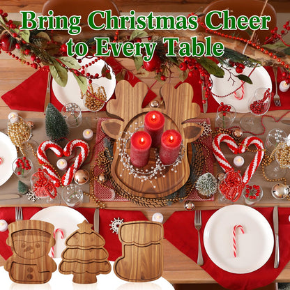 Bokon 4 Pcs Christmas Charcuterie Board 12"x10" Wooden Gingerbread Xmas Cutting Boards Serving Trays for Dessert Cheese Bread Snack Holiday Decor Gift for Christmas Party(Snowman,Acacia Wood)
