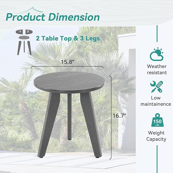 HDPS Outdoor Side Table, Small Round Side Table Weather-Resistant, Outdoor Side