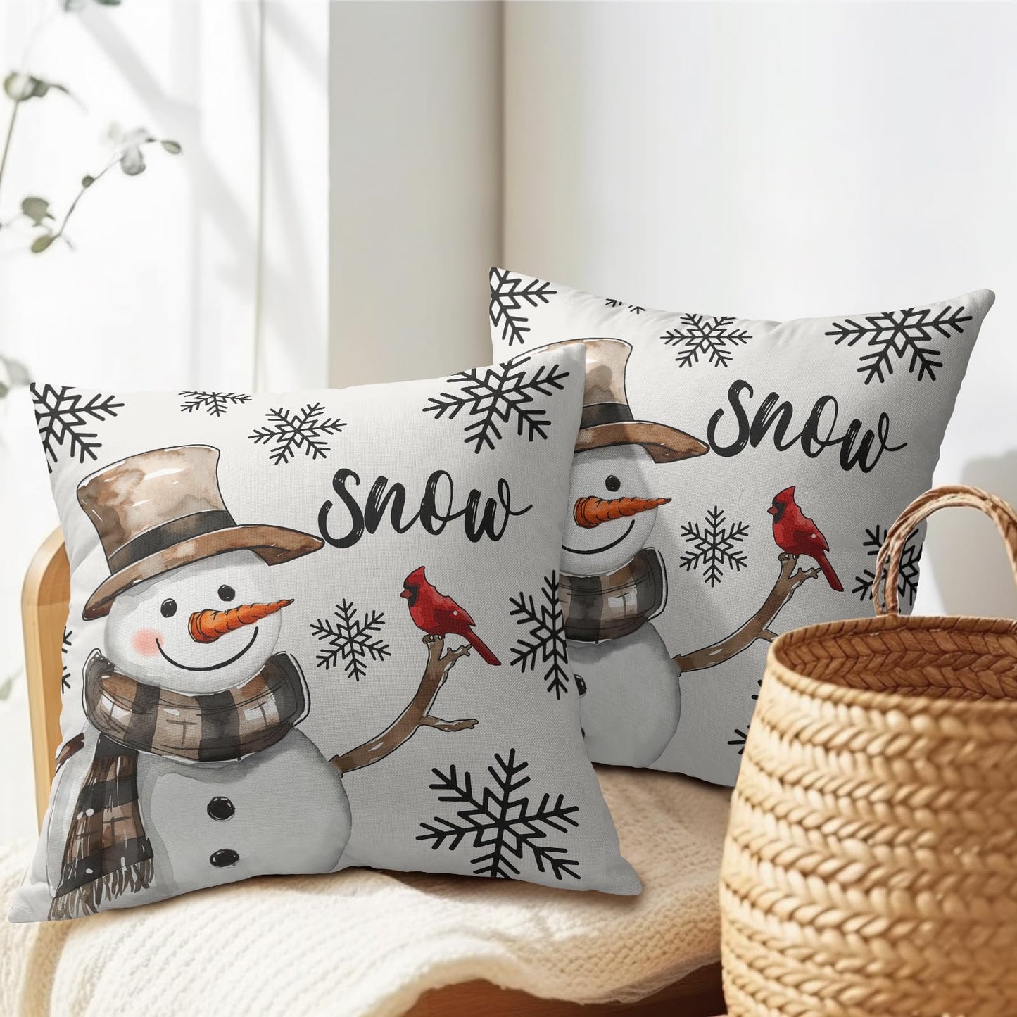Snowman Throw Pillow Cover Christmas Pillowcase 18x18 Inch Set of 2 Snowflake and Red Cardinal Bird Decorative Cushion Cover Winter Holiday Pillow Protector for Home Sofa Bedroom Decor