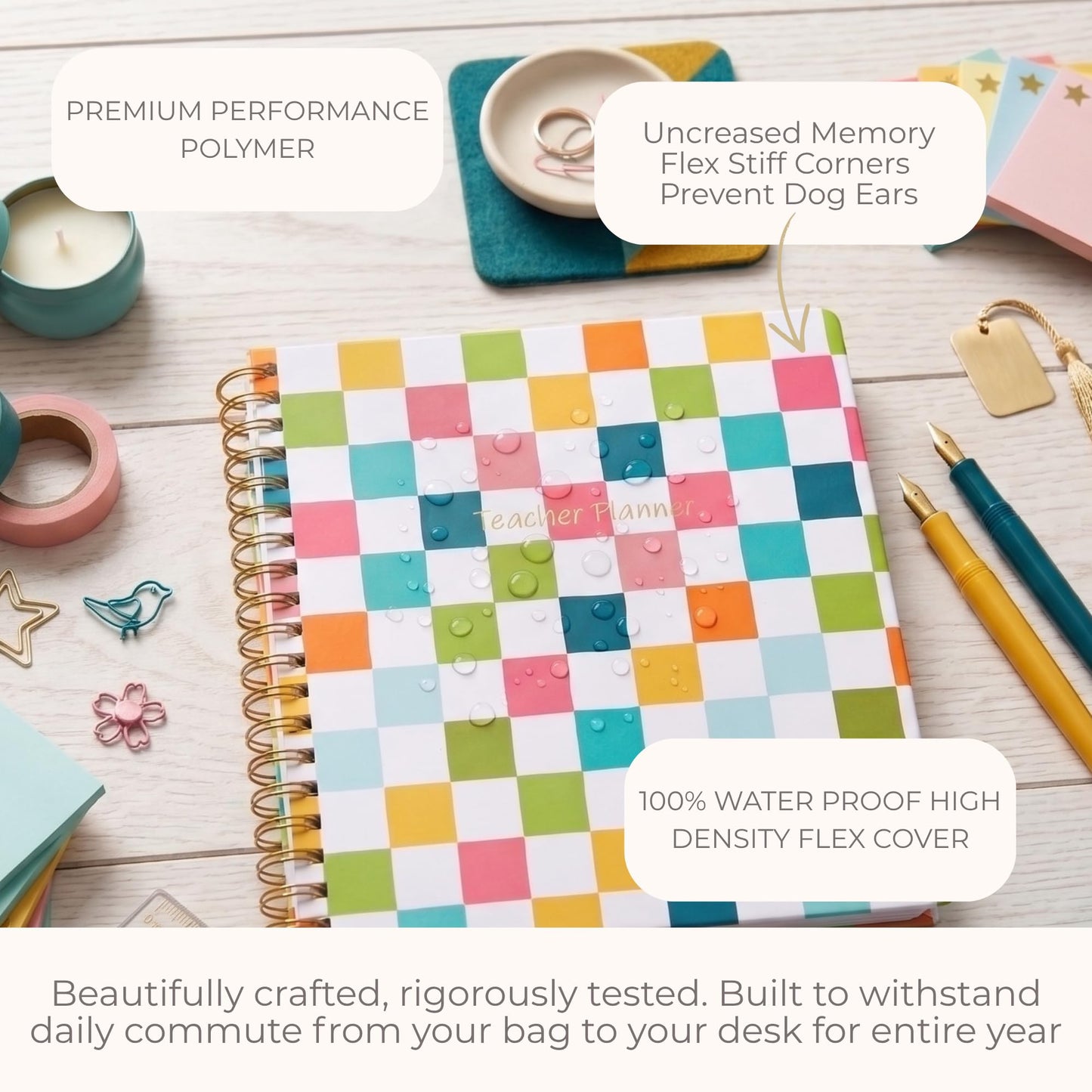 Undated Teacher Planner 8.5 x 11-12 Months & 52 Weeks | Colorful Checkerboard Cover | Monthly & Weekly Lesson Plan Book with Stickers, Storage Pocket & Snap-In Bookmark | Classroom Organizer