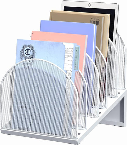OUTIOE 5-Section Desk File Organizer, Metal Mesh Folder Organizer for Documents, Mail & Office Papers (White)