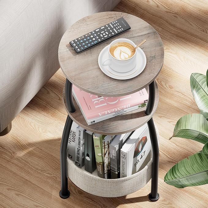 Round Side Table with Storage Basket –Small Space Saving End Table 3-Tier