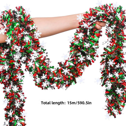 50 Feet Green Red Christmas Metallic Tinsel Twist Hanging Garland with Snowflake for Home Mantle Xmas Tree Staircase Railing New Year Holiday Party Indoor Outdoor Decorations