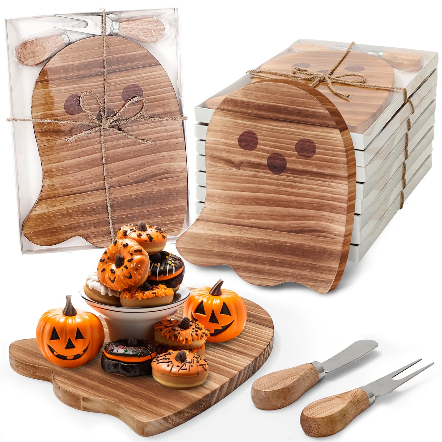 JarThenaAMCS 4 Pack Halloween Cheese Board Cute Ghost Boo Small Cutting Serving Tray Platter with Knife Set for Charcuterie Trick or Treat Party Home Decoration