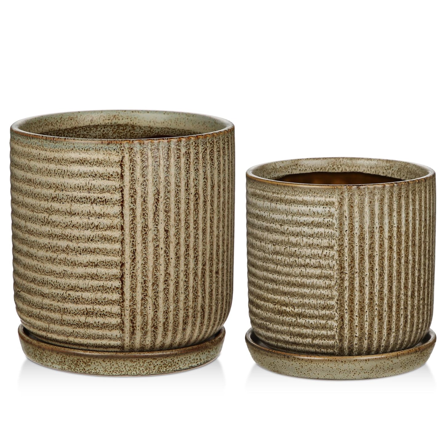 Oairse Ceramic Pots for Indoor Plants, 6.1 +4.9 inch Pots for Plants Set of 2 Brown Plant Pots with Drainage Holes and Saucers Texture Ceramic Planters Indoor Outdoor Flower Pot for Succulent