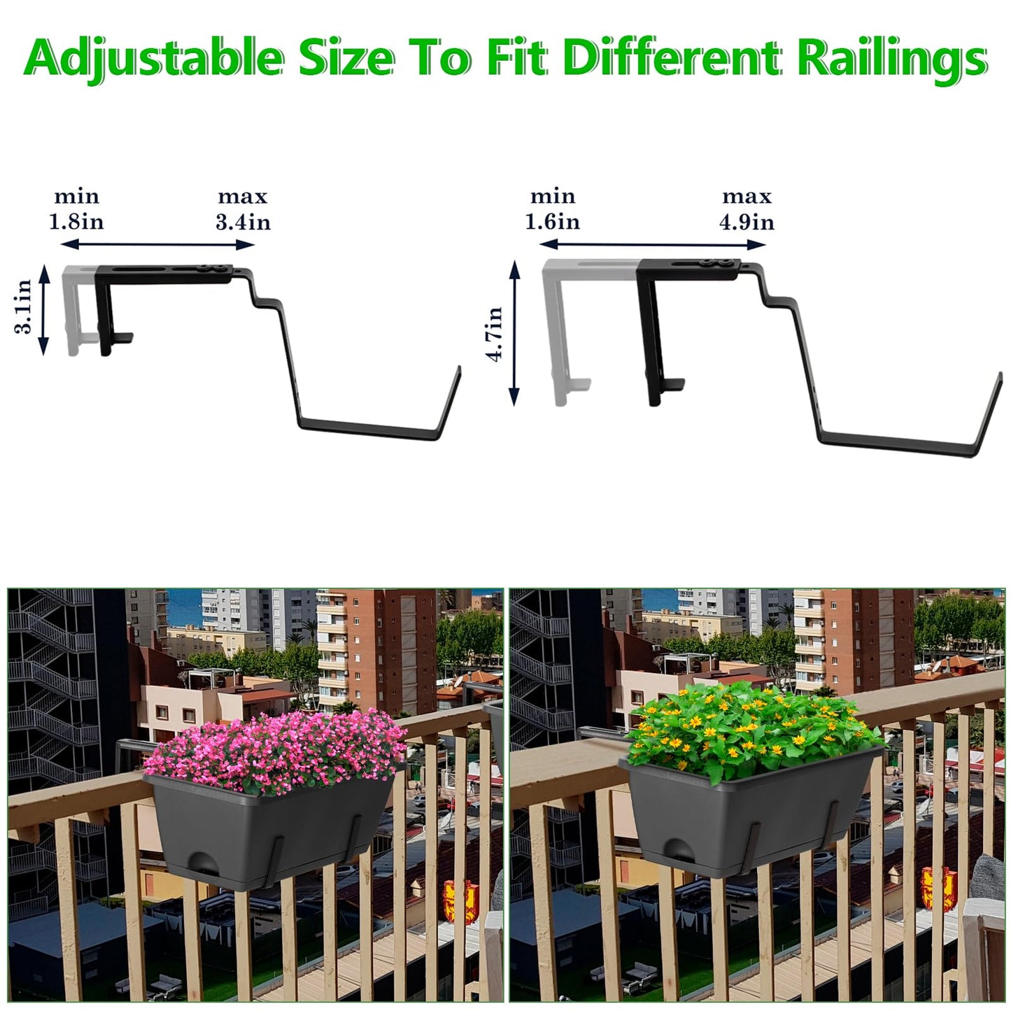 OYEAL Deck Railing Planter Boxes Set of 2 Over Fence Planters for Outdoor Plants, Hanging Window Planter Boxes with Adjustable Brackets, 6 Plastic Flower Boxes, Grey