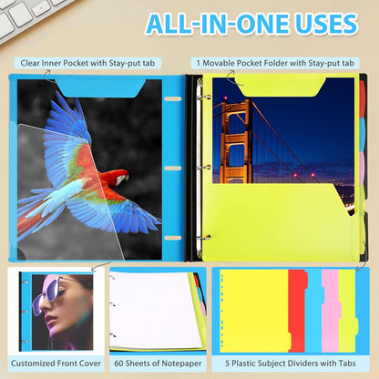WOT I 1-Pack Telescoping 3 Ring Binder Notebook - Customizable Cover, 5 Dividers & Pocket Folder in One Slim Organizer (60 Sheets Included), Blue