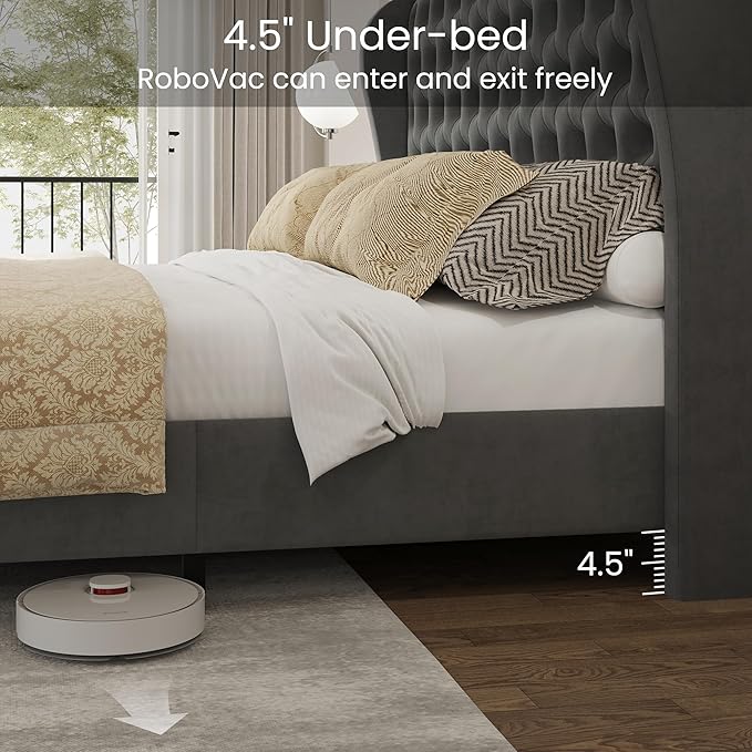 LARMACE King Size Bed Frame Velvet Upholstered Platform Bed