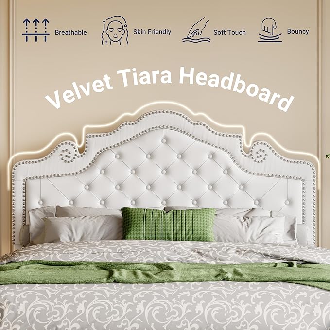 Allewie Queen Bed Frame with Adjustable Velvet Tiara Headboard, Upholstered