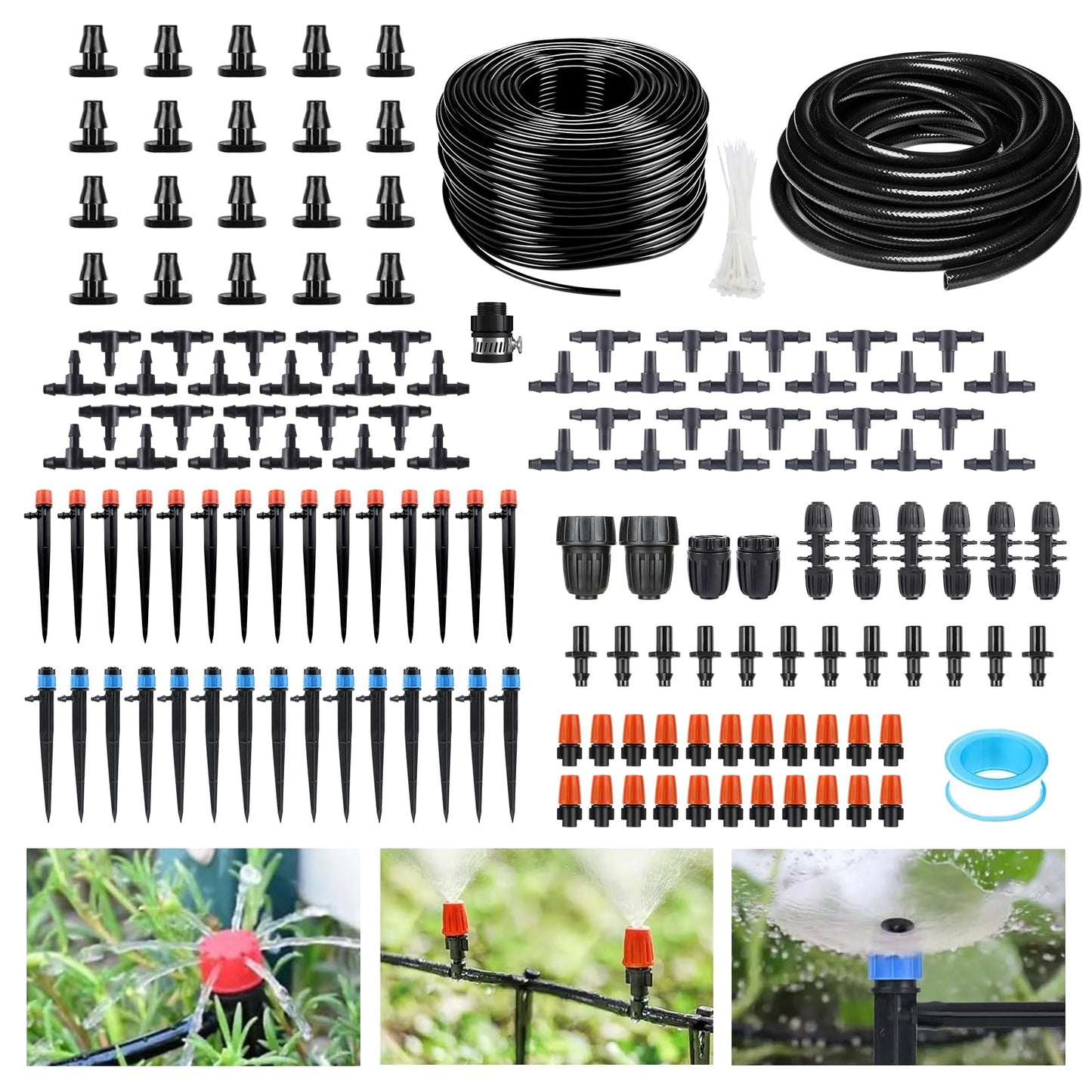 256FT Drip Irrigation System Kit, 163PCS Automatic Garden Watering Misting System with 1/4" Distribution & 1/2" Hose Tubing and Accessories for Greenhouse, Yard, Lawn, Plant