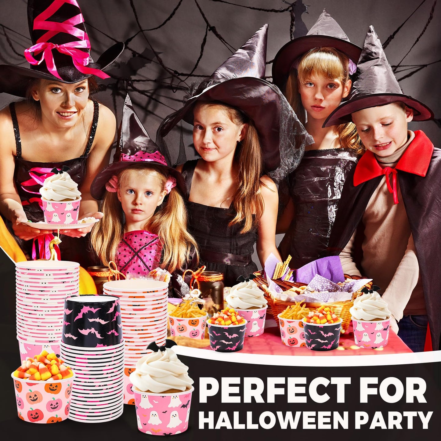 Whaline 60 Pcs Halloween Snack Cups Pink Black Pumpkin Ghost Bats Disposable Bowls 9oz Ice Cream Dessert Treat Paper Bowls for Hot Iced Food Birthday Trick or Treat Party Supplies