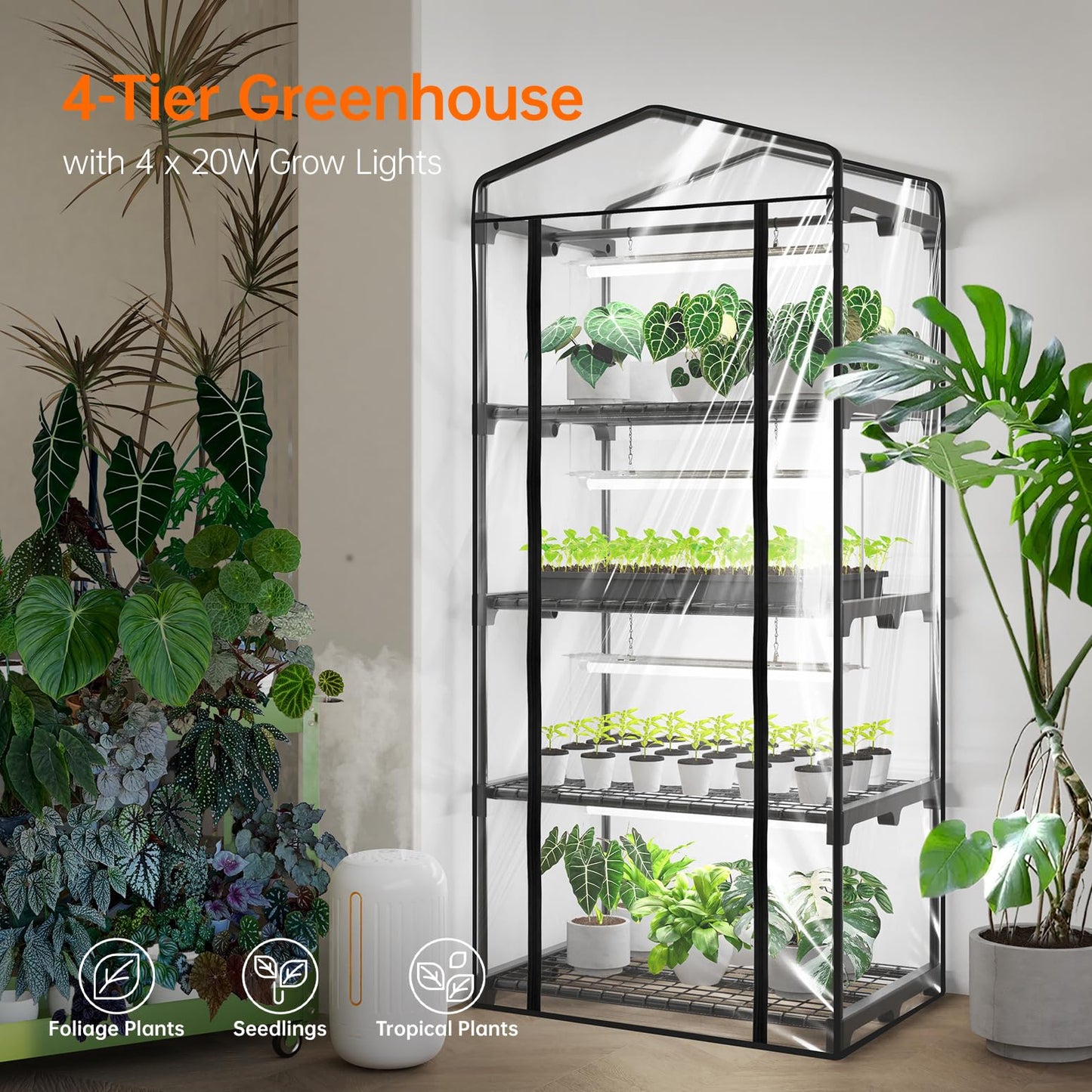 Bstrip Indoor Greenhouse with Grow Light, Mini Green House with 4 Pack 20W Full Spectrum Plant Lights with Timer, Plant Shelf with Tent for Indoor Plant, Seed Starting, Seed Tray, 27.2"x19.9"x61.8"