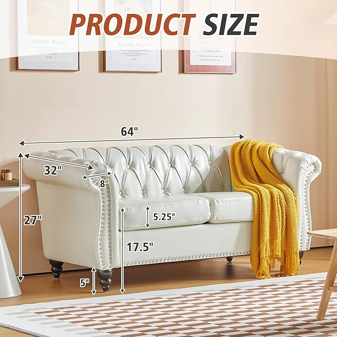 ORRD 2 Pieces Living Room Set, Chesterfield Faux Leather Sofa Loveseat Couch
