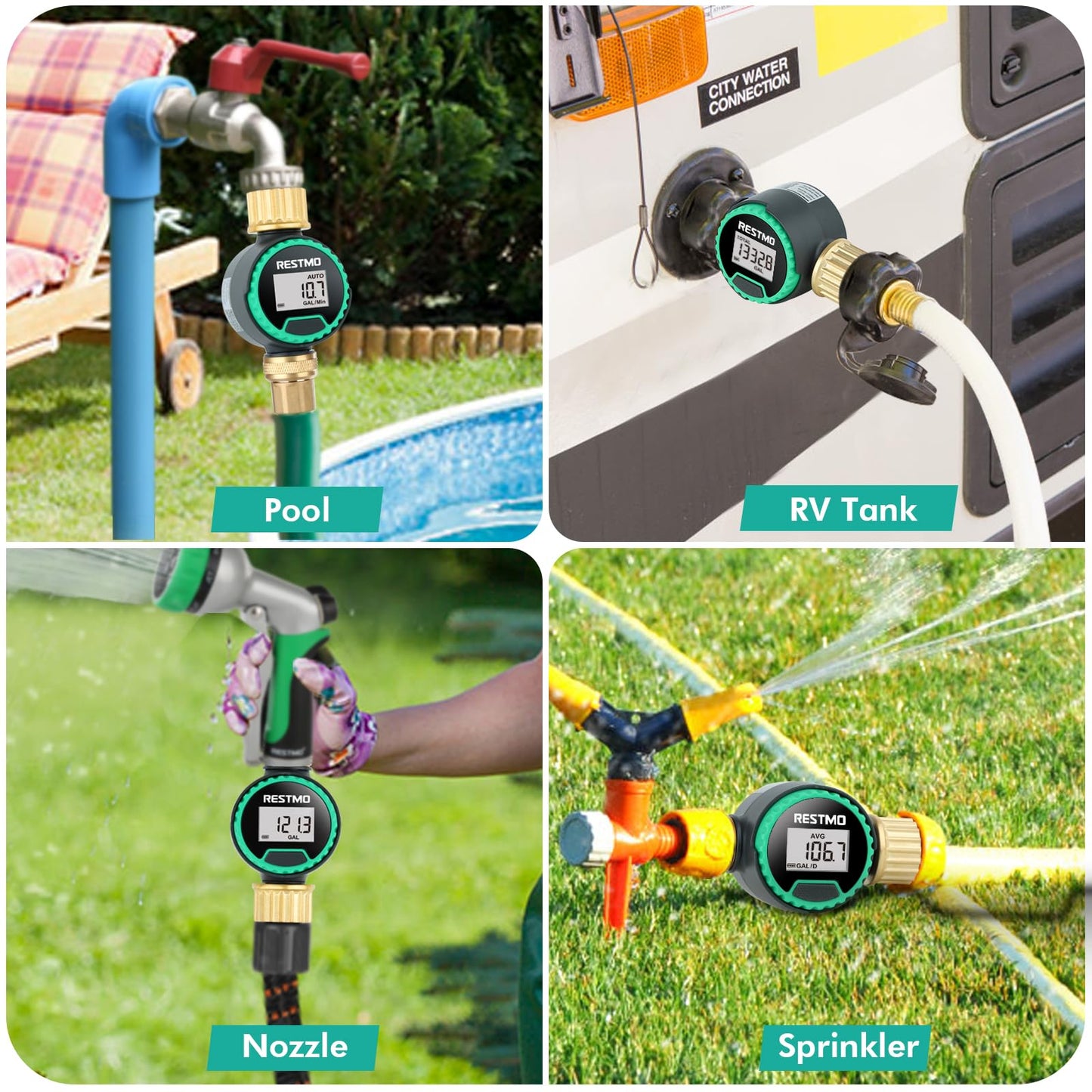 RESTMO 360° Rotatable Water Flow Meter, Pure Brass Inlet & Outlet Water Meter, Measure Gallon/Liter Consumption and Flow Rate for Garden Hose Watering, RV Water Tank Filling and Lawn Sprinkler