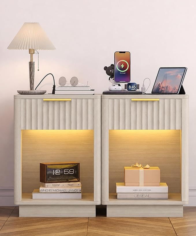 Akxomel Fluted Nightstands Set of 2, Wooden Night Stand
