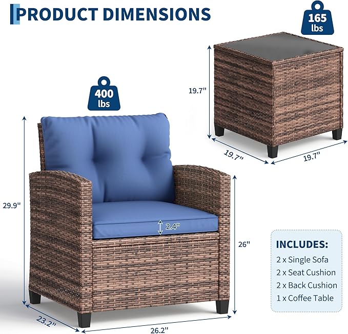 Garvee Outdoor Wicker Chairs, 3 Pieces Patio Furniture Set, All Weather High
