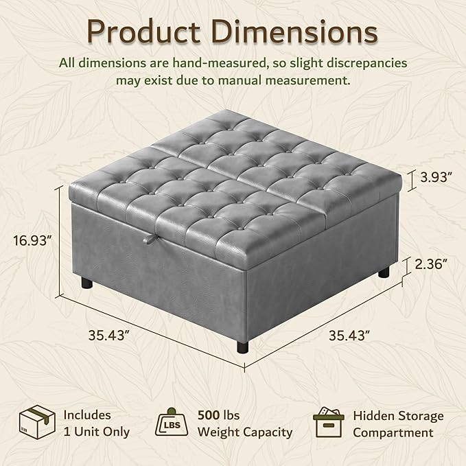 LINLUX Extra Large Leather Storage Ottoman, 35.5 Inch Large Square Lift Top
