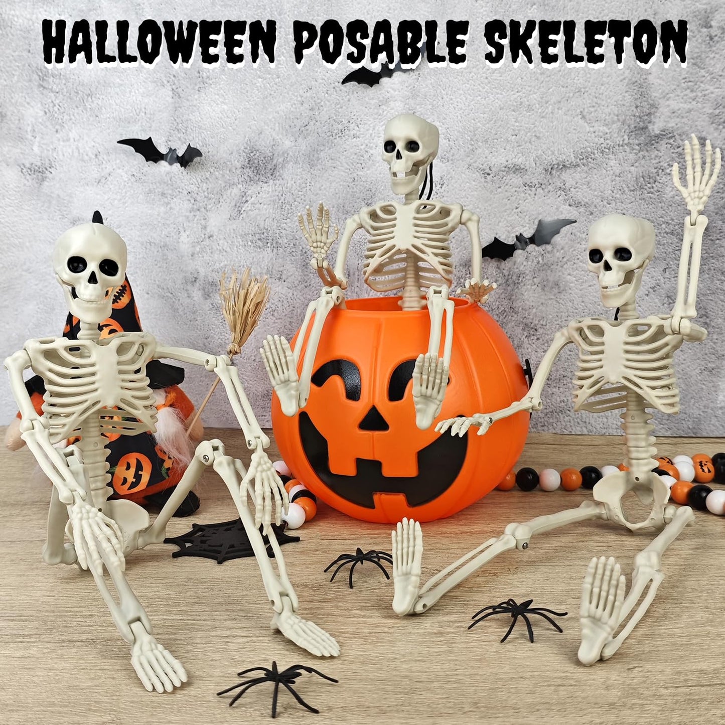 4 PCS 16'' Halloween Decor for Outdoor Graveyard Yard,Small Posable Plastic Skeletons Decorations for Tree Lawn Window Office Desk,Halloween Party Supplies,Scary Skull Hanging Props for Haunted House