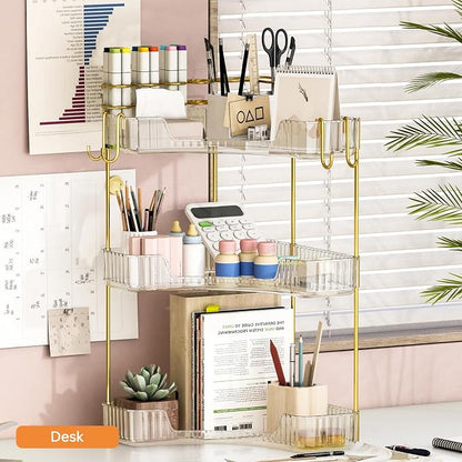 3-Tier Corner Bathroom Counter Organizer，Makeup & Skincare Shelf with Built-in Brush Holder，Space-Saving Bathroom Countertop Organizer for Skincare, Perfume, Cosmetics(Clear)