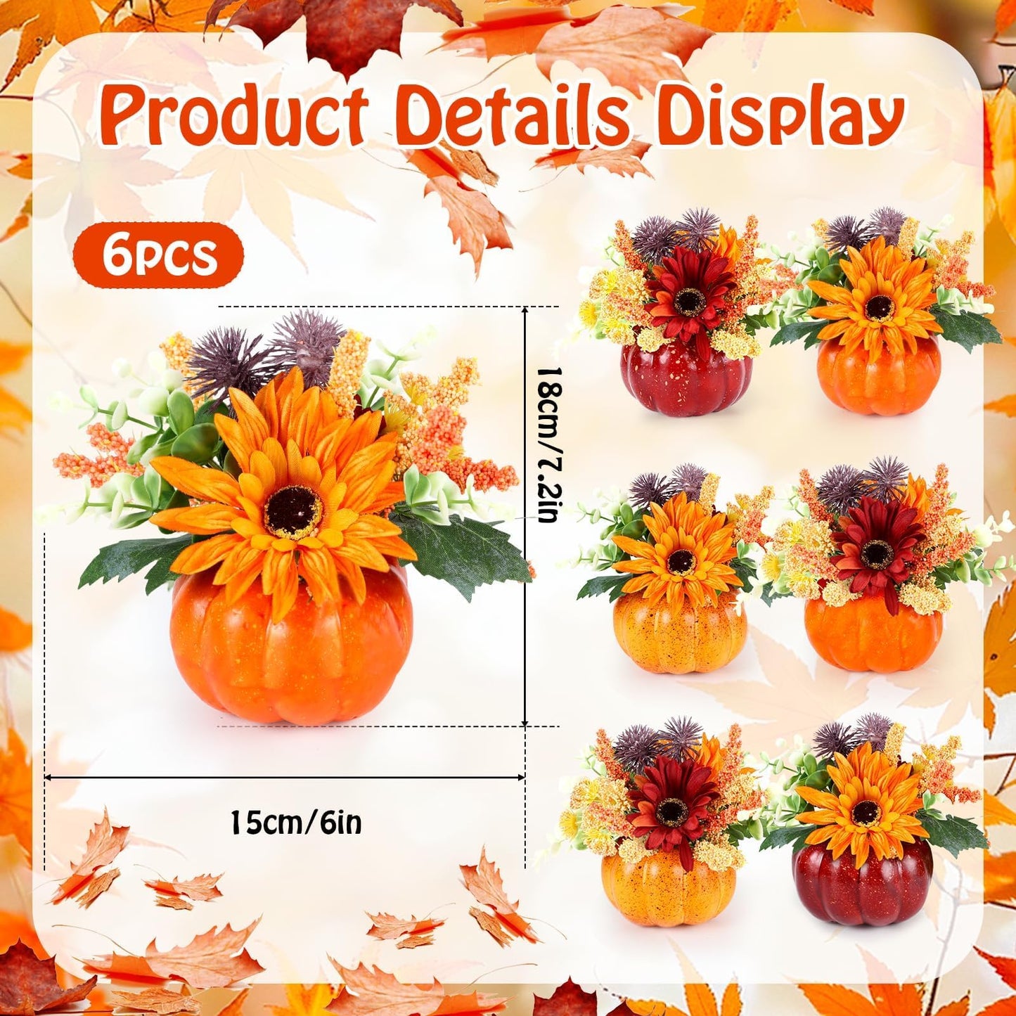 Set of 6 Mini Fall Pumpkin with Artificial Flower Decorations Thanksgiving Sunflower Centerpieces for Tables Harvest Fall Table Floral Decor Autumn Fireplace Mantle Living Room Home Kitchen Party