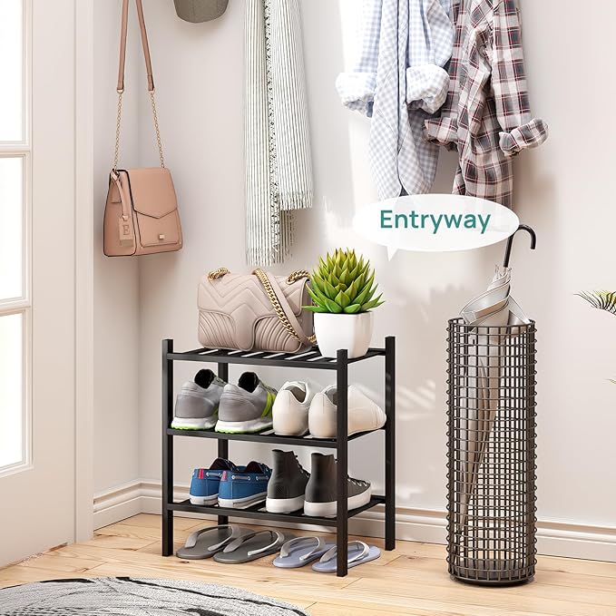 viewcare Small Shoe Rack for Entryway, 3-Tier Black Bamboo Shoe Organizer for