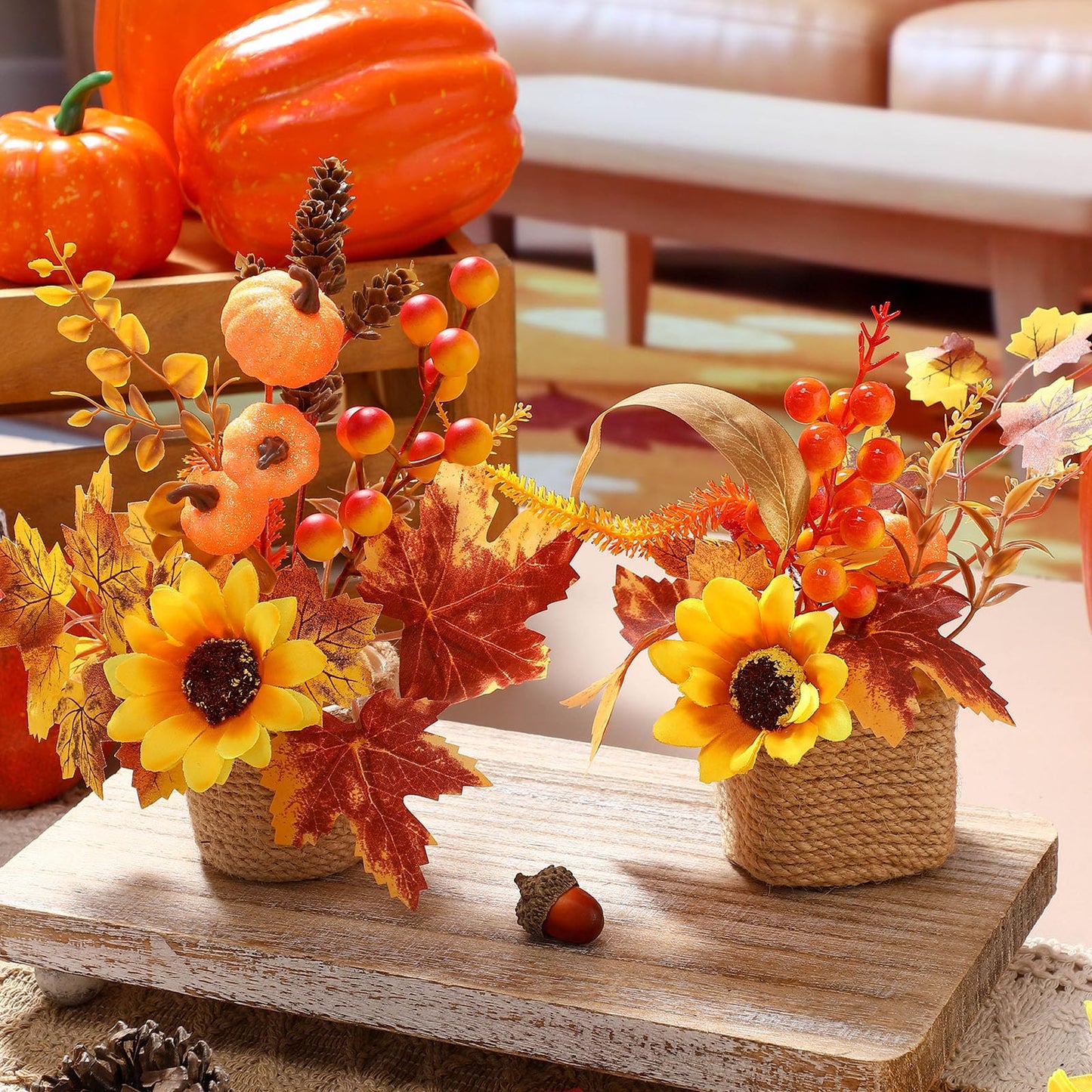 Suncalla 2 Pcs Thanksgiving Fall Table Decorations Centerpiece for Table Maple Leaf Fall Decor for Home Artificial Flower Pumpkin with Rattan Flower Basket for Indoor Thanksgiving Gifts(Vivid Style)