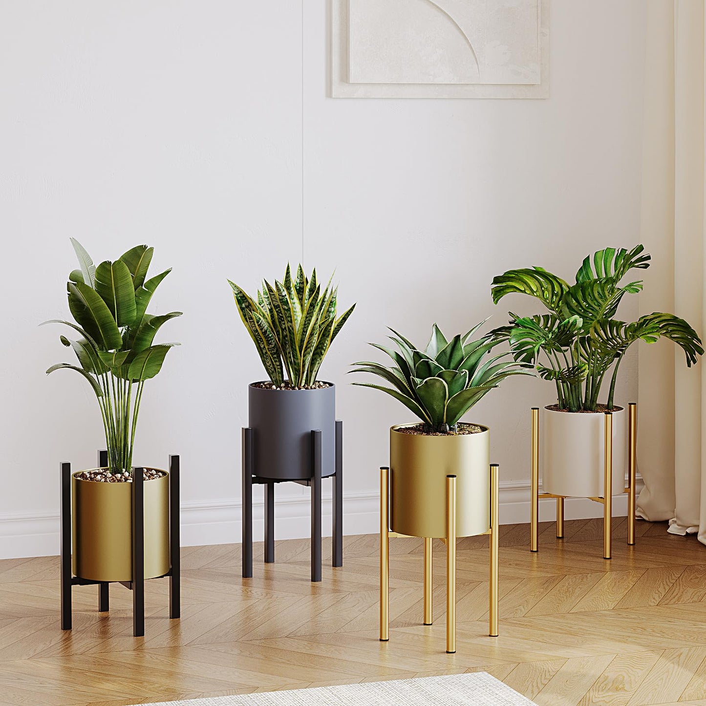 Rioneta Metal Plant Pot with Adjustable Stand, Mid Century Modern Planter Holder Capacity of 160LB for 8 to 14 Inch, Living Room Garden Bedroom Office Indoor Outdoor Beige & Golden