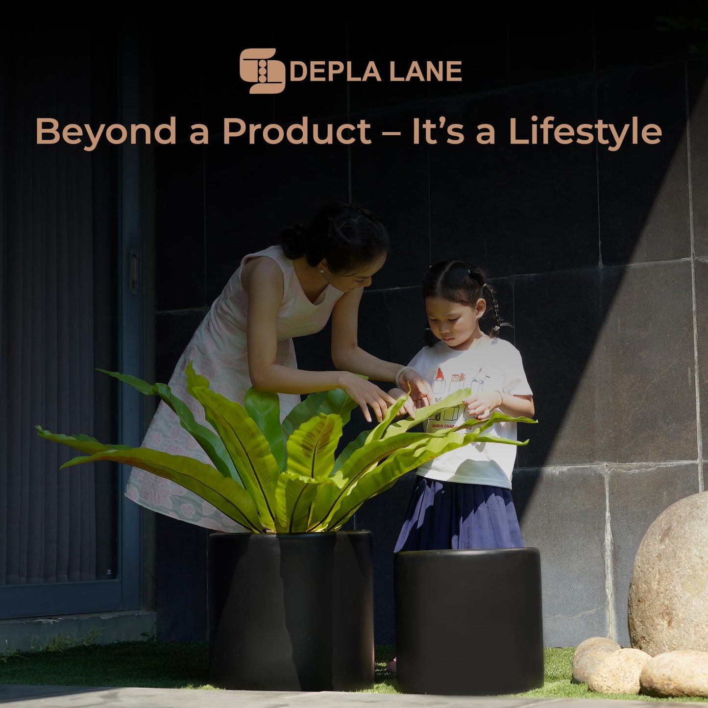 DEPLA LANE Lumero Fiberstone Cylinder Planter (12.0" Pot Opening x 13.8" D x 13.8" H) Smooth Finishes, Lightweight, Durable, UV Resistant, Modern Minimalist Decor, Indoor Outdoor Plant Pot (L, Black)