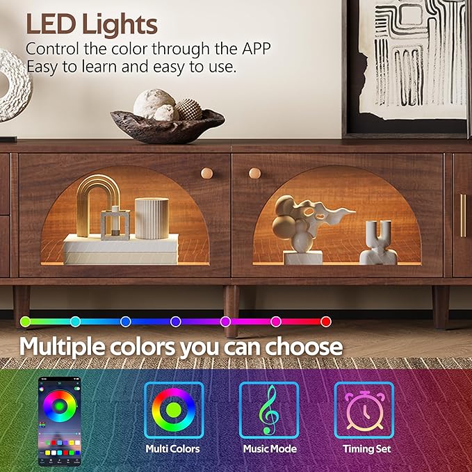 Merax Rattan TV Stand with LED Lights, Solid Wood Feet, Living Room, Bedroom