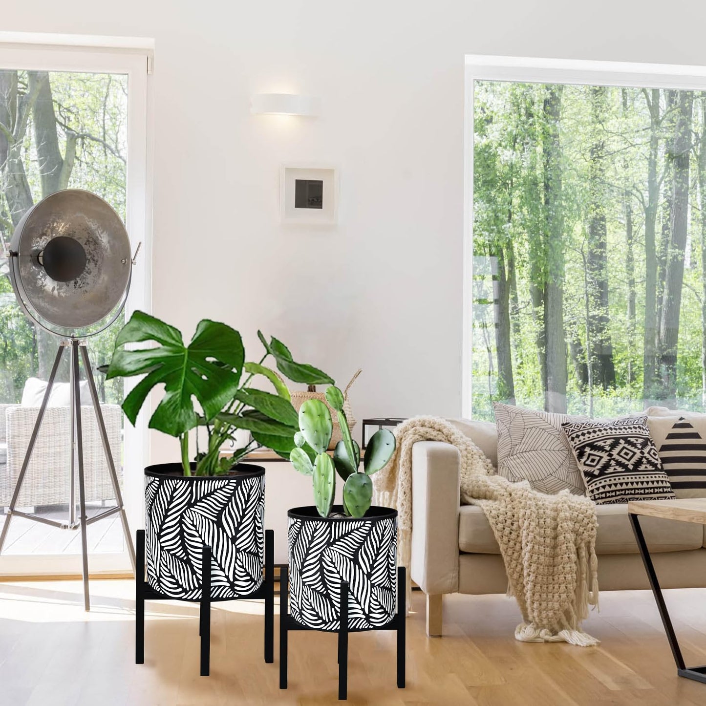 10 & 12 Inches Plant Pot with Stand Set of 2, Decorative Palm Leaves Printing Planter with Holder, Garden Pot for Snake Plant, Monstera, Houseplants - Indoor Outdoor Flower Pots with Drainage Holes