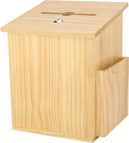 Wood Charity Donation collection Box Office suggestion Ballot Box With wide slot for envelopes and suggestion comment forms, side Pocket and Locking Hinged Lid & Pen for Table Or Counter-top(Natural)