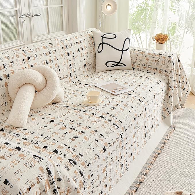 DREAMINGO Abstract Chenille Couch Cover Blanket Beige Khaki Black Boho Sofa