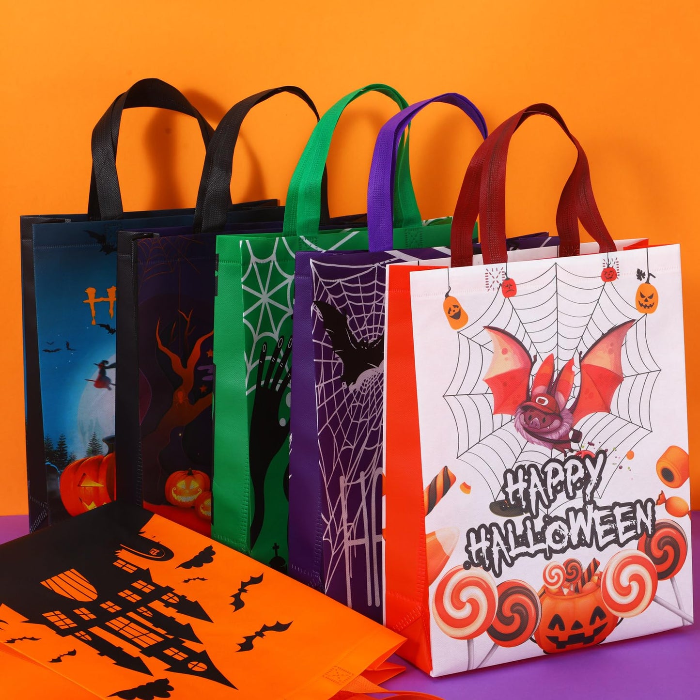 Paterr 72 Pcs Halloween Tote Gift Bags 14.96 x 11.8'' Large Trick or Treat Bags Non Woven Candy Treat Goody Reusable Tote for Halloween Party Supplies