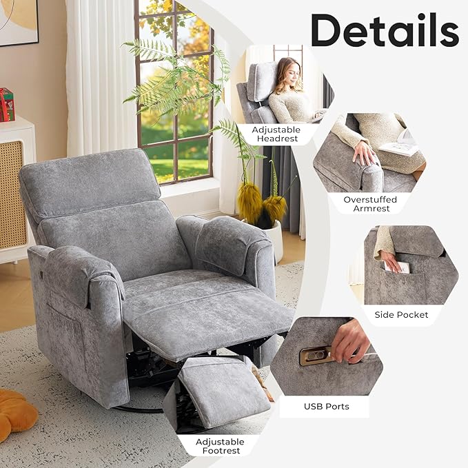Oversized Power Recliner Chair, Chenille Glider Rocking Nursery Chair