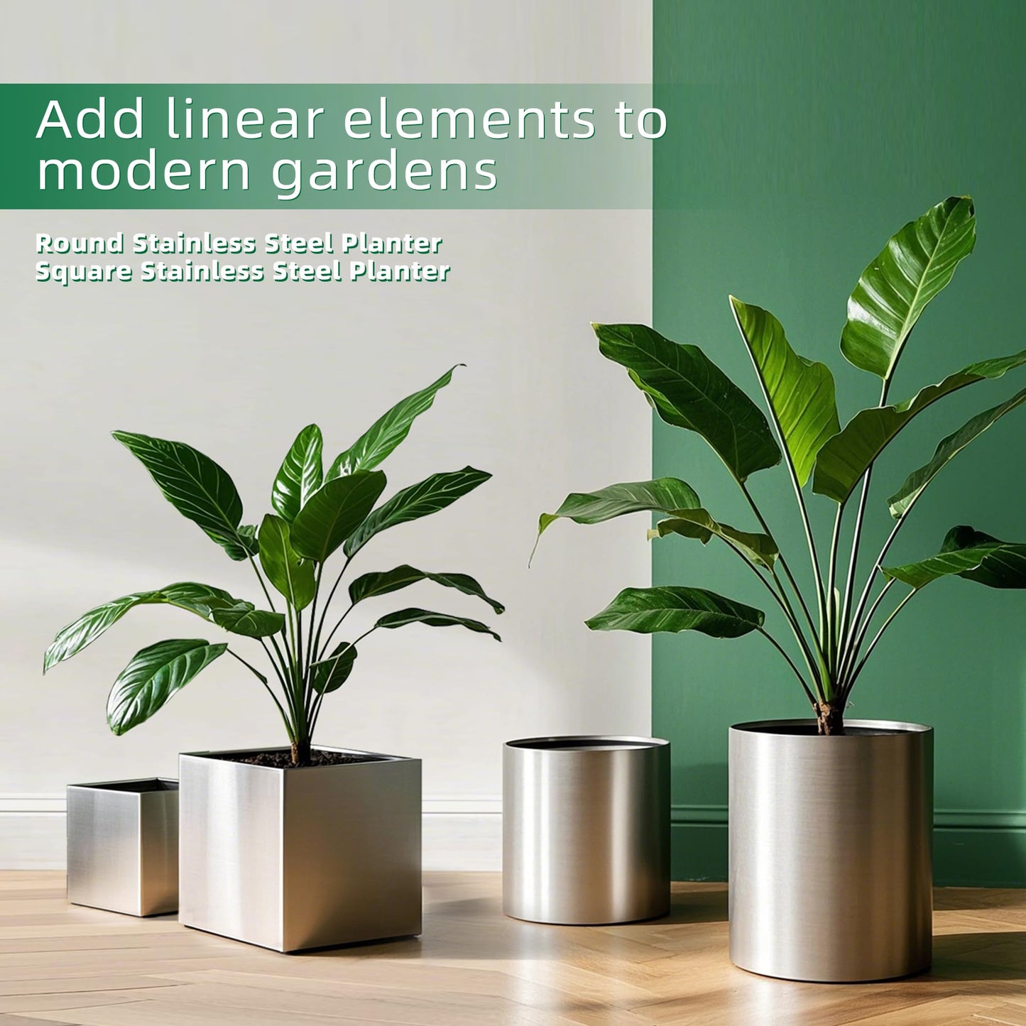 Longrun 11.8 Inch Dia Round Planter, Modern Indoor Outdoor Large Stainless Steel Plant Pot and Plant Caddy with Wheels for Home Patio Garden, Easy to Clean and Move