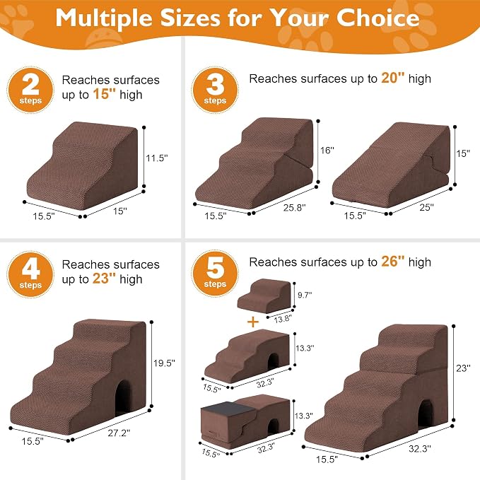 Dog Stairs for Bed 23’’ H, 5-Step Dog Steps for High Bed, Foldable Pet Stairs for Small Dogs and Cats to Get on Beds, Couch, Non-Slip Balanced Pet Steps and Ramp with Waterproof Cover, Brown